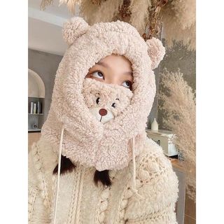 Mũ len lông cừu chùm đầu kèm khẩu trang hình gấu siêu dễ thương