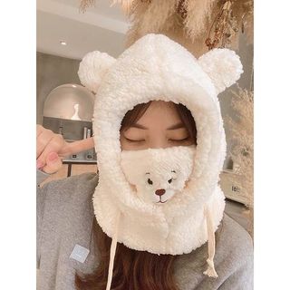 Mũ len lông cừu chùm đầu kèm khẩu trang hình gấu siêu dễ thương