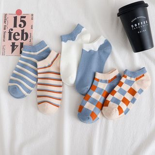 Tất vớ cotton cổ thấp ngắn họa tiết caro kẻ ô tone màu xanh dương dễ thương thời trang  cho nữ