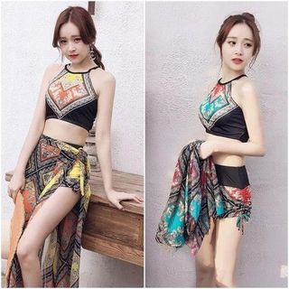 Bộ bơi áo tắm bikini nữ áo yếm kèm khăn voan 3 món họa tiết thổ cẩm