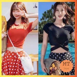 Bồ Bơi Áo Tắm Bikini Nữ 2 Mảnh Áo Cộc Chân Váy Họa Tiết Chấm Bi Xinh Xắn