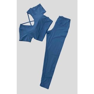Đồ tập thể thao gym yoga nữ, set bộ áo crop ngắn tay kèm mút quần dài cao cấp Mithu Shop