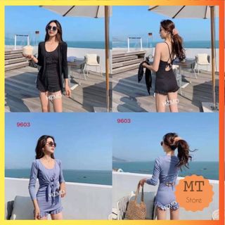 Bộ bơi áo tắm bikini đi biển liền thân kèm áo khoác ngoài gợi cảm hoạ tiết chấm bi xinh xắn