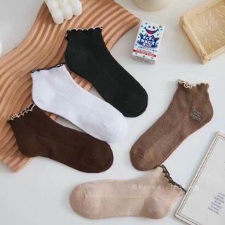 Tất vớ nữ cổ ngắn viền bèo dễ thương gân tăm phong cách Vintage Hàn Quốc - Tất trà sữa