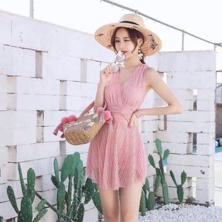 Bộ tắm bộ đồ bơi bikini váy liền thân dây đan lưng che khuyết điểm cao cấp (2 màu Hồng/ Đen)