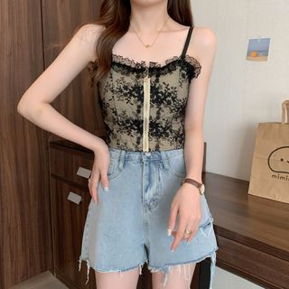 Áo Bra 2 Dây Dáng Ngắn Phối Ren Khóa Kéo Thời Trang