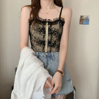 Áo Bra 2 Dây Dáng Ngắn Phối Ren Khóa Kéo Thời Trang