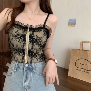 Áo Bra 2 Dây Dáng Ngắn Phối Ren Khóa Kéo Thời Trang