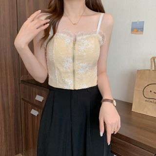 Áo Bra 2 Dây Dáng Ngắn Phối Ren Khóa Kéo Thời Trang