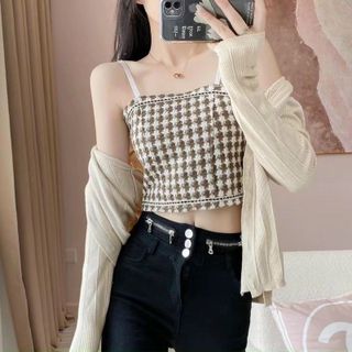 Áo bra 2 dây vải dạ thun lưng hoạ tiết kẻ caro thổ cẩm dáng lưrng croptop cá tính