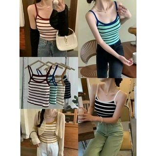 Áo bra 2 dây kẻ ngang cá tính chất liệu cotton tăm có mút ngực cho nữ