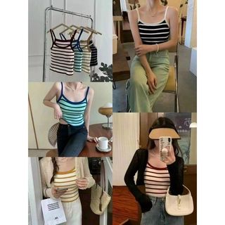 Áo bra 2 dây kẻ ngang cá tính chất liệu cotton tăm có mút ngực cho nữ