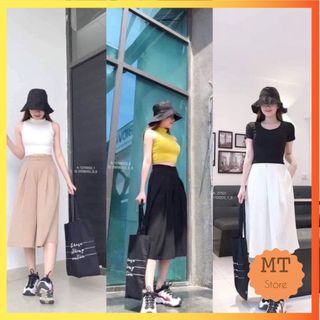 Quần đũi lửng nữ ống rộng cạp cao lưng thun dáng suông đứng cạp chun xếp ly giả váy màu đen trắng kem