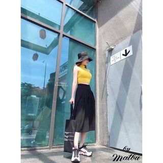 Quần đũi lửng nữ ống rộng cạp cao lưng thun dáng suông đứng cạp chun xếp ly giả váy màu đen trắng kem