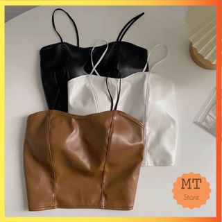 Áo hai dây Croptop cúp ngực giả da phong cách retro