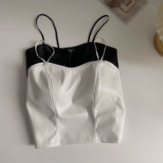 Áo hai dây Croptop cúp ngực giả da phong cách retro