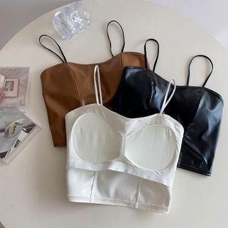 Áo hai dây Croptop cúp ngực giả da phong cách retro