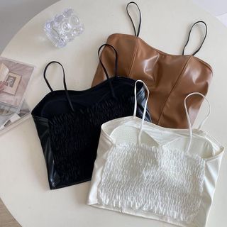 Áo hai dây Croptop cúp ngực giả da phong cách retro