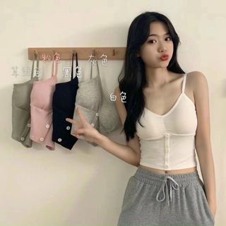 Áo bra 2 dây croptop len tăm phối 3 khuy xinh xắn