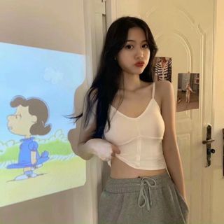 Áo bra 2 dây croptop len tăm phối 3 khuy xinh xắn