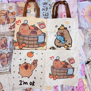 Túi tote canvas CÓ KHOÁ KÉO mẫu capybara, loopy