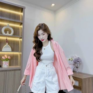 Set 3 món áo sơ mi lụa sọc + áo ba lổ gân tăm + quần short kaki free size 55kg