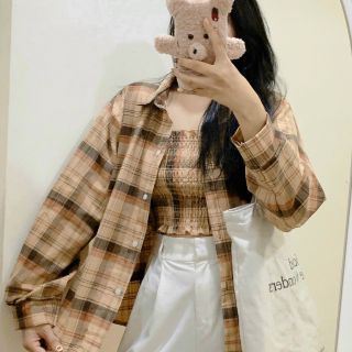 Set áo ống kèm áo sơ mi khoác ngoài sọc caro