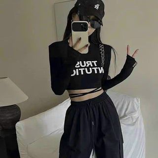 Set áo Croptop tay dài chất thun tăm + quần jogger tuyết mưa dày dặn freesize dưới 55kg