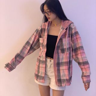 Áo Khoác flanel có nón- Áo caro flanel hot trend 2024, áo khoác caro, áo khoác chống nắng thời trang