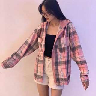 Áo Khoác flanel có nón- Áo caro flanel hot trend 2024, áo khoác caro, áo khoác chống nắng thời trang