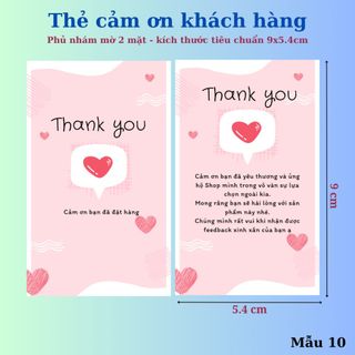 Card Cám Ơn, Card Thank You, Thiệp Cảm Ơn mẫu trái tim thiệp đứng- Size 9x5,4cm - Giấy C300 Cán Màng Mờ 2 mặt giá sỉ