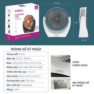 Quạt tích điện mini để bàn CWELL chạy 8-10 tiếng