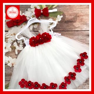 Đầm trẻ em gái, đầm công chúa cho bé gái  trắng đính hoa hồng đỏ tú cầu giá sỉ