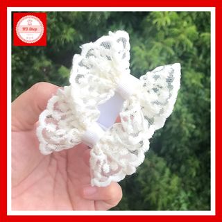 Kẹp tóc nơ ren màu kem
