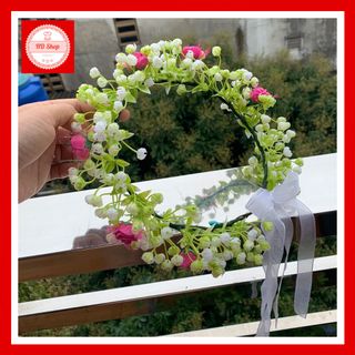Vòng hoa đội đầu kỷ yêu hoa baby phối hoa hồng sen