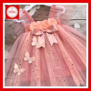 Váy cho bé gái 1 tuổi đến 8 tuổi hồng cam voan kim tuyến giá sỉ
