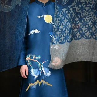 Ao dai nam Hạc xanh Navi trẻ trung, sang trọng xả sỉ giá cực cạnh tranh