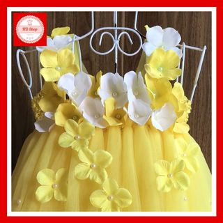 Đầm trẻ em ❤️FREESHIP❤️ Váy trẻ em vàng đính hoa tú cầu trắng vàng cho bé gái 1 tháng đến 6 tuổi giá sỉ