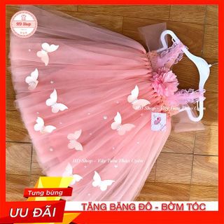 Đầm Công Chúa 💖FREESHIP💖 Đầm bé gái hồng cam hoa xù đính bướm