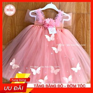 Đầm Công Chúa 💖FREESHIP💖 Đầm bé gái hồng cam hoa xù đính bướm