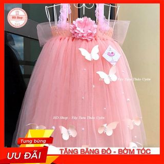 Đầm Công Chúa 💖FREESHIP💖 Đầm bé gái hồng cam hoa xù đính bướm