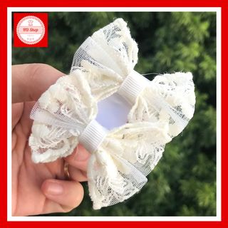 Kẹp tóc cho bé gái nơ ren màu kem 010