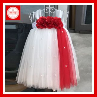 Đầm trẻ em, váy cho bé tráng đính hoa hồng đỏ phù hợp với bé gái 1 tháng đến 5 tuổi giá sỉ
