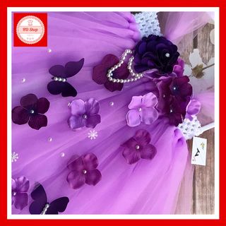 Váy cho bé gái màu tím cà đính hoa tú cầu