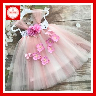 Váy cho bé hồng cam phối trắng đính hoa hồng phấn cho bé gái