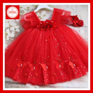 Váy Đỏ Cho Bé Gái Voan Sao Đính Hoa Hồng - Phong Cách Đẹp Mắt Cho Công Chúa Nhỏ giá sỉ