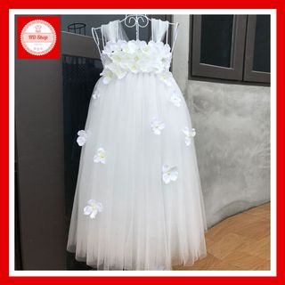 Váy phù dâu, váy phù dâu cho bé gái trắng đính hoa tú cầu