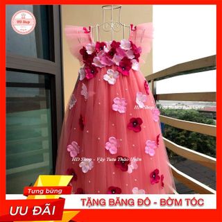 Váy cánh tiên ❤️FREESHIP❤️ Váy cánh tiên hồng cam đính hoa tú cầu cho bé gái 0 đến 6 tuổi