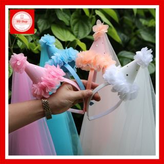 Mũ happy birthday, Mũ sinh nhật voan lúp nhiều màu sắc cho bé