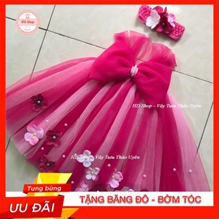 Đầm trẻ em, váy trẻ em hồng sen pha hồng phấn 1-1 nơ hồng sen